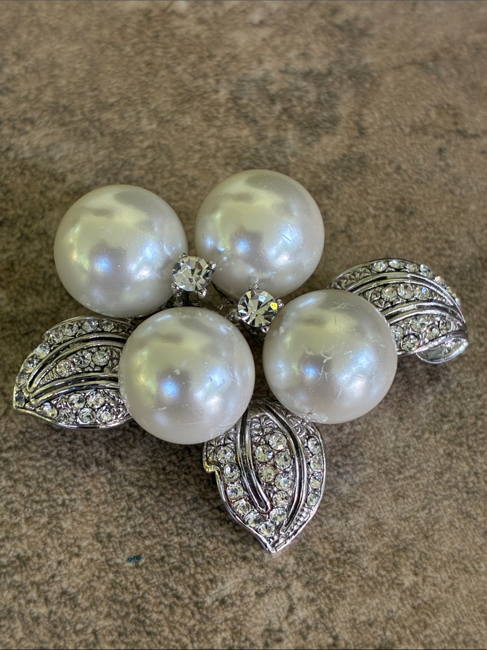 Pearl and Crystal Floral Brooch - White Pearls with Silver Rhinestones